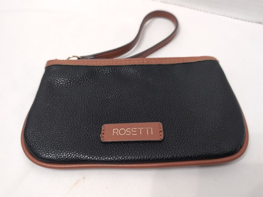 Rosetti Wristlet Purse Pouch Coin Black With Brown Trim Zipper 7.5” X 4.5”